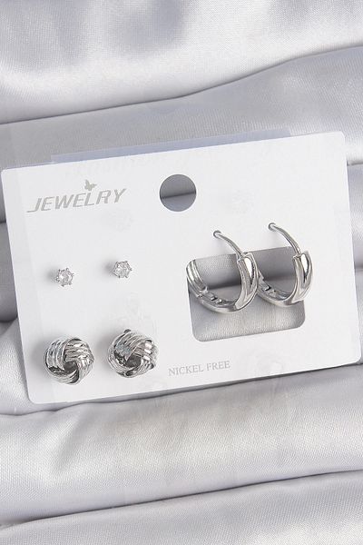 Clariss Brass Silver Color Zircon Stone Ring Model 3 Pair Women's Earring Set