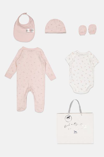 Rock A Bye Baby Boutique Toddlers Girl 6 Pcs Floral Bodysuit, Bib, Beanie, Gloves and Coverall With Gift Bag Set, Multicolor