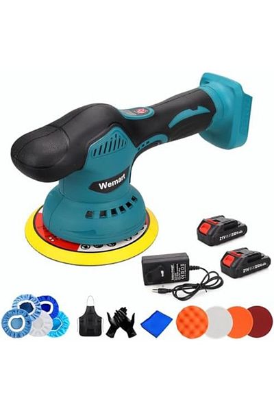 Wemart Cordless Car Polisher 21V, Portable Polisher 16cm with 6 Variable Speeds, 2 Batteries 2.0 Amp Hr