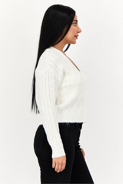 No Comment Women V-neck Button Front Cable Chunky Cardigan, White