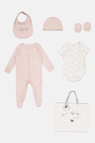 Rock A Bye Baby Boutique Toddlers Girl 6 Pcs Floral Bodysuit, Bib, Beanie, Gloves and Coverall With Gift Bag Set, Multicolor
