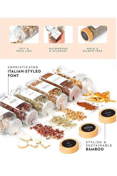 COOYA Glass Spice Jar Set, 36 Pieces, With 2-in-1 Bamboo Lids and Funnel, Suitable for Kitchen Storage