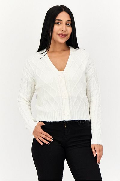 No Comment Women V-neck Button Front Cable Chunky Cardigan, White