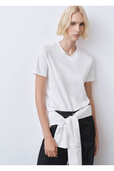 MANGO Woman Βαμβακερό μπλουζάκι με λαιμόκοψη σε V