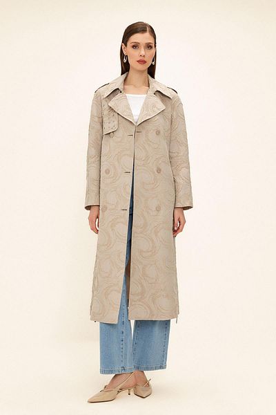 Olcay Trench din jacquard cu sclipici, căptușit cu detalii de piatră, cu fermoar pe laterale TAŞ 6725