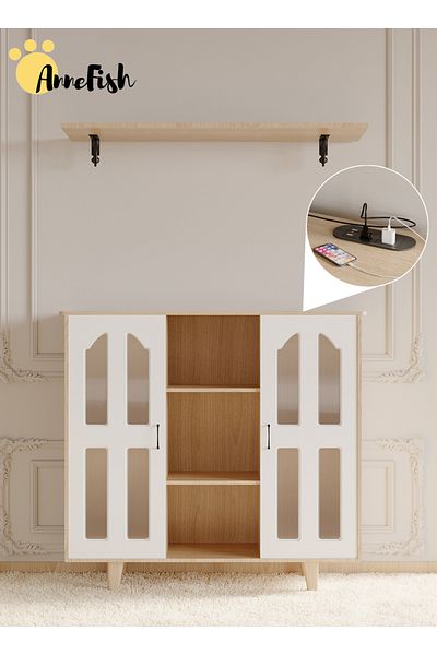 AnneFish Coffee Corner Cabinet Bar with Floating Shelves And Acrylic Door Kitchen Bakers Rack Display Cabinet