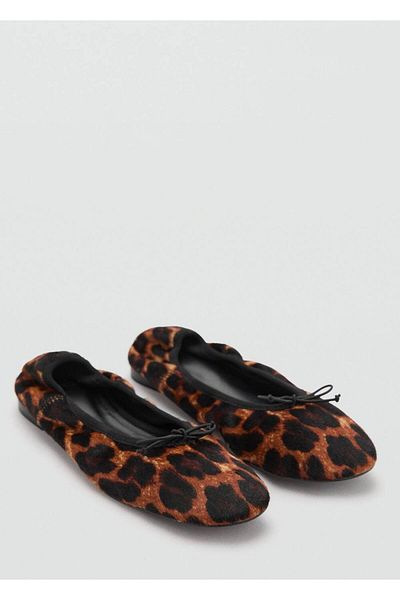 MANGO Woman Leopard Print Leather Ballerinas