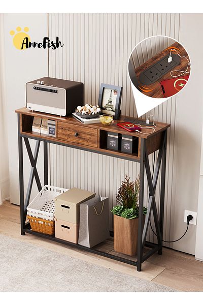 AnneFish Console Table with Power Outlet Sofa Table Entryway Table for Couch Hallway Entrance Living Room