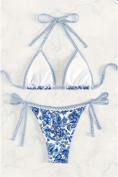 Kelebeklingerie Blue Patterned Covered Bikini Set