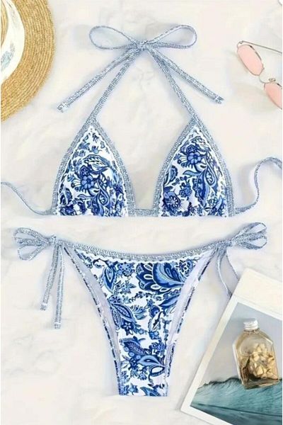 Kelebeklingerie Blue Patterned Covered Bikini Set