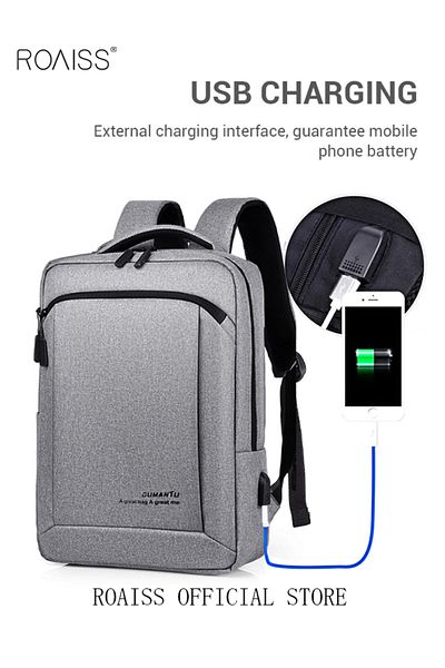 ROAISS Multifunction Waterproof Backpack With Usb Port Casual Minimalist Oxford For Men Light Grey