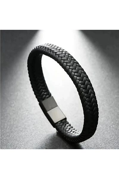 Choice black 20cm Black PU Leather Magnetic Bracelet Men's Mature and Stable and Elegant Giving Men The Bes