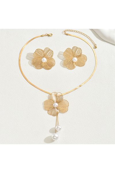 Choice XL5420-3 2 PCS Set Hallowout Stamping Flower Imitation Pearl Necklace Earrings Set Gold Color Big Fl