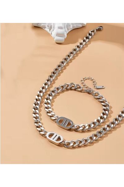 Choice 2pcs Silvery 2/1PCS Set Gold Color Cuban Chain Geometric Charm Necklace Bracelet Jewelry Set Hiphop
