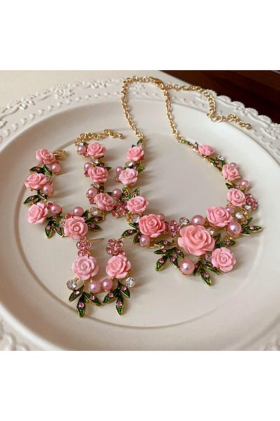 Choice 3 pcs set pink Romantic Rose Flower Necklace Bracelet Stud Earrings Jewelry Set Women's Fashion Pink