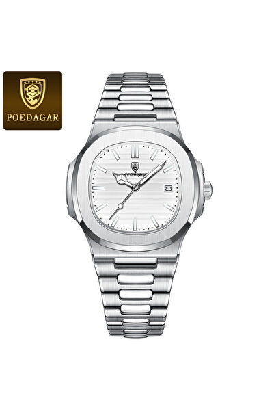 Choice ساعة POEDAGAR 613 فضية بيضاء أنيقة لرجال الأعمال مقاومة للماء ومضيئة وتاريخ من الفولاذ المقاوم للصدأ للرجال