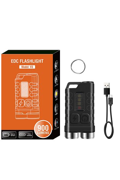 Choice Fixed Focus black V3 EDC Flashlight Keychain Light 900 Lumens Handheld Portable Super Bright TYPE-C
