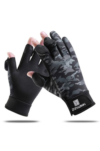 Choice L Gray Camo GTUBIKE Fishing Gloves Flip Finger Touch Screen Thickened Silicone Anti-slip Waterproof