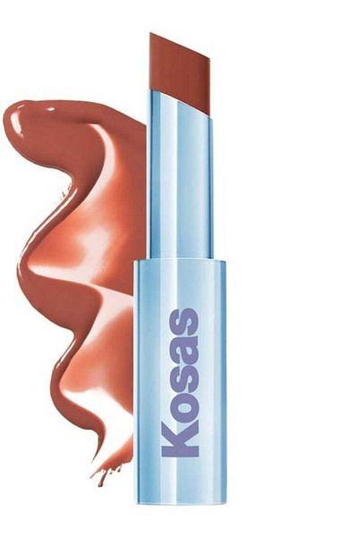 KOSAS أحمر شفاه مرطب لامع شفاف مع سيراميد من ويت ستيك، لون آيلاند هاي - أحمر دافئ محمص، 3 غرام