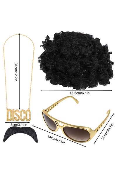 Choice C 2/3/4pcs Halloween Hippie Costume Set Funky Wig Sunglasses Moustache Sign Necklace 50/60/70s Disc.