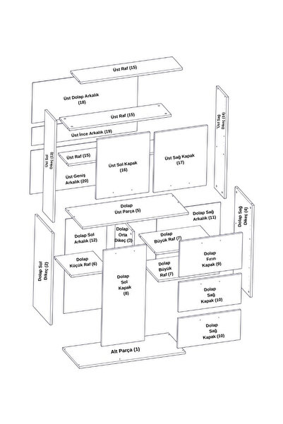 MONTENERO Çok Amaçlı Dolap Parlak Beyaz Kahve Köşesi 6 Kapaklı Mutfak Dolabı Fırın Raflı Dolap