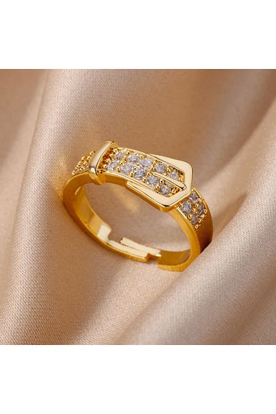 Choice خاتم أنيق ذهبي اللون على شكل مشبك قابل للتعديل AJZ10059 مع زركون لامع عصري