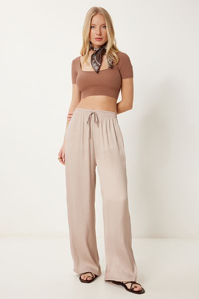 Lovelyİstanbul Satin Surface Draped Palazzo Trousers Beige Lcr0076