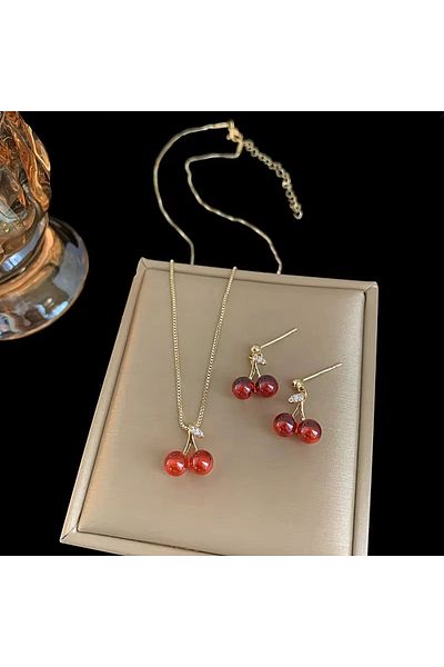 Choice 2Pcs Set Sweet Red Cherry Pendant Necklace Dangle Stud Earrings Jewelry Set Shiny Gold Chain White R