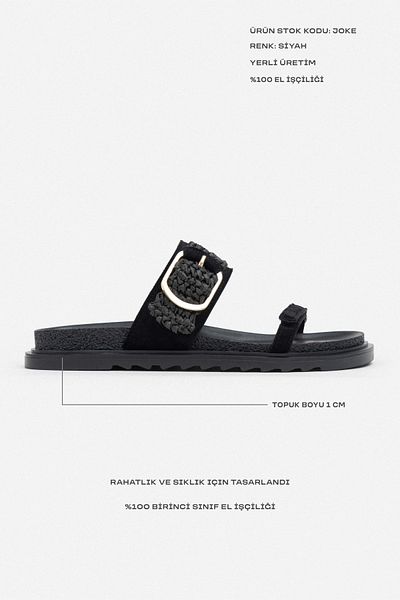 NİŞANTAŞI SHOES Joke Black Suede Buckle Knitted Detailed Flat Sole Women's Slippers