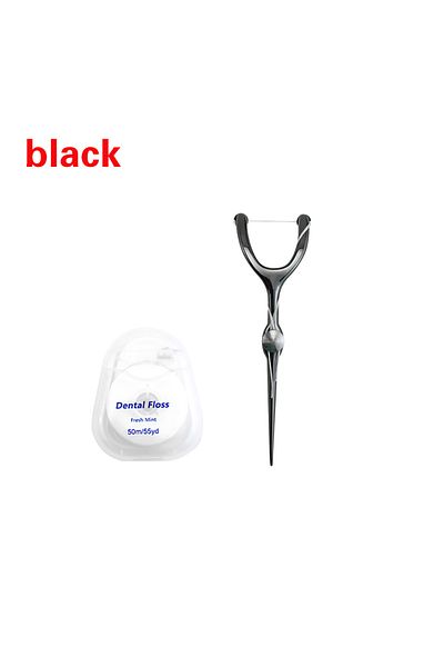 Choice 2pcs Black Replaceable Dental Floss Stainless Steel Y Shape Floss Holder Reusable Toothpick Portable