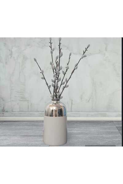 ABYZ Vază decorativă din ceramică, diametru 10.5cmx20cm, culoare alb/argintiu