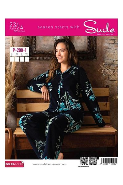 Sude Women's Shirt Front Buttoned Polar Patterned Pajama Set P200/1- 1 Piece