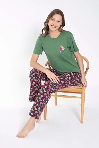 SENFONİ Set de pijamale pentru femei guler rotund cu modele florale 6032 -1 b...