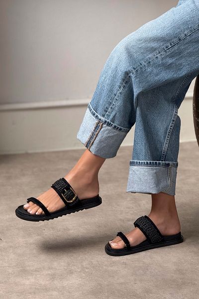 NİŞANTAŞI SHOES Joke Black Suede Buckle Knitted Detailed Flat Sole Women's Slippers