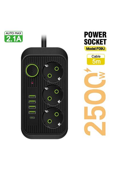 Choice EU 5M Black 2/5M EU Plug AC Outlets Multitap Socket Extension Cord Electrical Power Strip With USB T