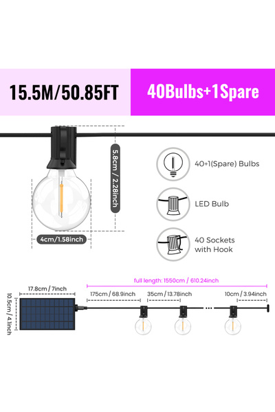 Choice سلسلة مصابيح خارجية تعمل بالطاقة الشمسية G40 بطول 15.5 متر، مزودة بـ 4...