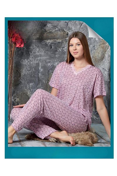 Sude Bamboo Embroidered V-Neck Women's Pajamas Set - Short Sleeve P300/523