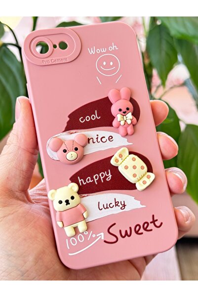 Fibaks Apple iPhone 16E Compatible Case Pink Rabbit Design Patterned Camera Protection Soft Silicone Cover