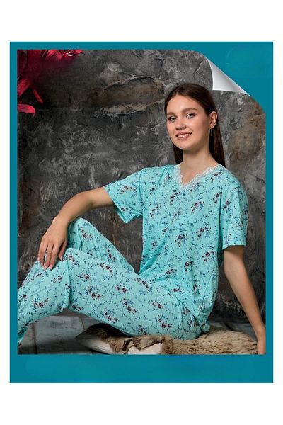Sude Embroidered Bamboo Collar V-Neck Thin Pajama Set - Short Sleeve P300/312 - 1 Piece
