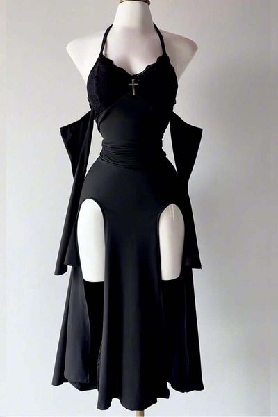 Köstebek Black Gothic Double Slit Straps Attached Sleeves Cross Detail Dress