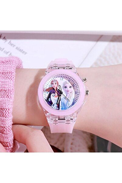 Miniso ساعة ديزني للأطفال وردية اللون بنمط الأميرة المجمدة مزودة بإضاءة ليد ووميض وساعة كوارتز أنيقة للأطفال