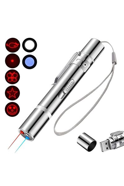 Choice silver Cat Toys Laser Pointer with 5 Adjustable Patterns USB Recharge Laser Long Range Training Chas