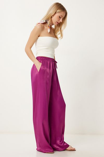 Lovelyİstanbul Satin Surface Draped Palazzo Trousers Fuchsia Lcr0076