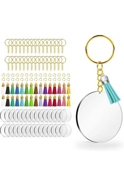 Choice 40PCS Gold 40PCS Acrylic Clear Circle Discs Keychain Set with Leather Tassel Pendant Jump Rings for