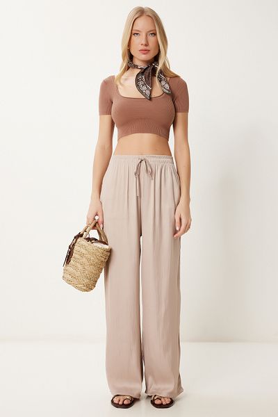 Lovelyİstanbul Satin Surface Draped Palazzo Trousers Beige Lcr0076
