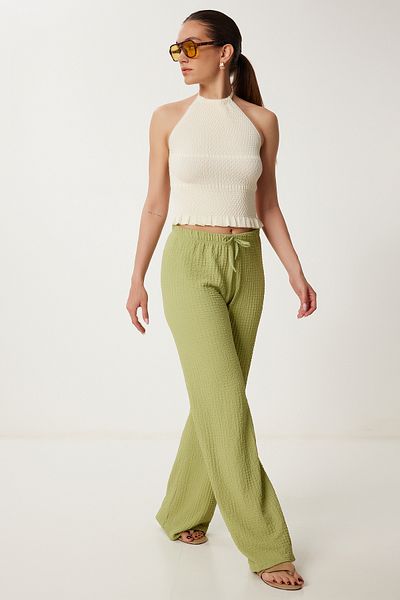 Lovelyİstanbul Textured Wide Leg Summer Knitted Trousers Caglia Green Lzv0009