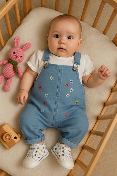 Minizade Floral Embroidered Soft Lycra Organic Denim Salopette Short Sleeve Badi 2-Piece Set Jumpsuit