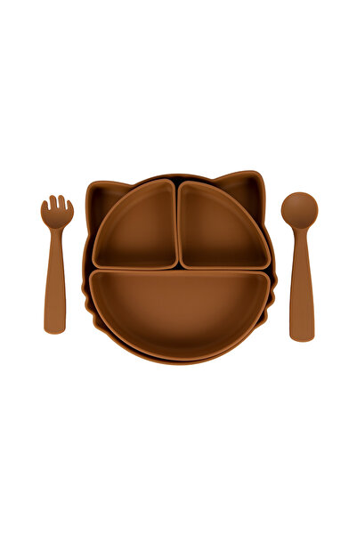Babies Basic Silicone Feeding Set,with removable section, with Suction Plate, Spoon and Fork- Brown