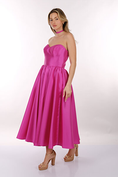 DORİ DORCA Straplez Kalp Yaka Kabarık Saten Midi Boy Kadın Abiye 2246064