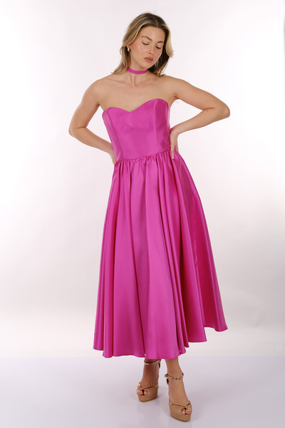 DORİ DORCA Straplez Kalp Yaka Kabarık Saten Midi Boy Kadın Abiye 2246064